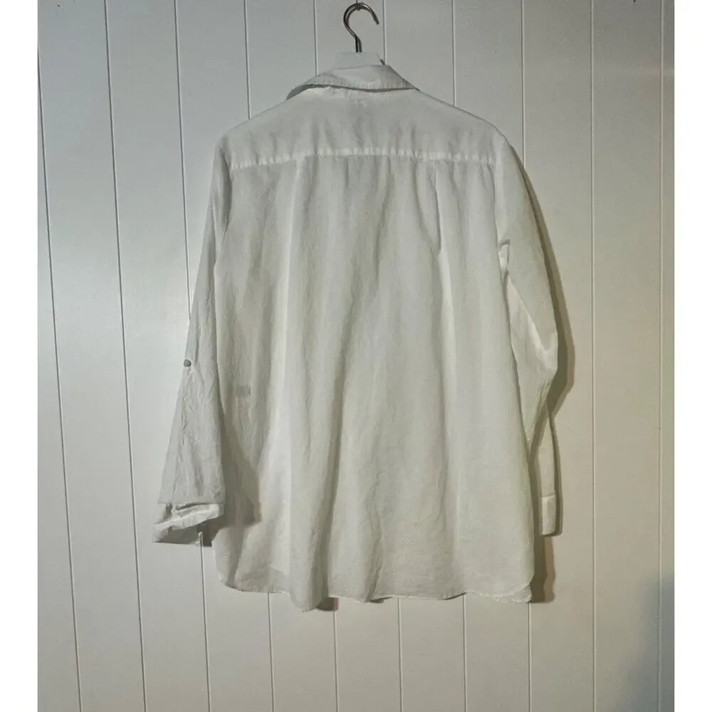 LM Beach Button Up Shirt White Cotton Roll Tab Sleeve Relaxed Fit Medium